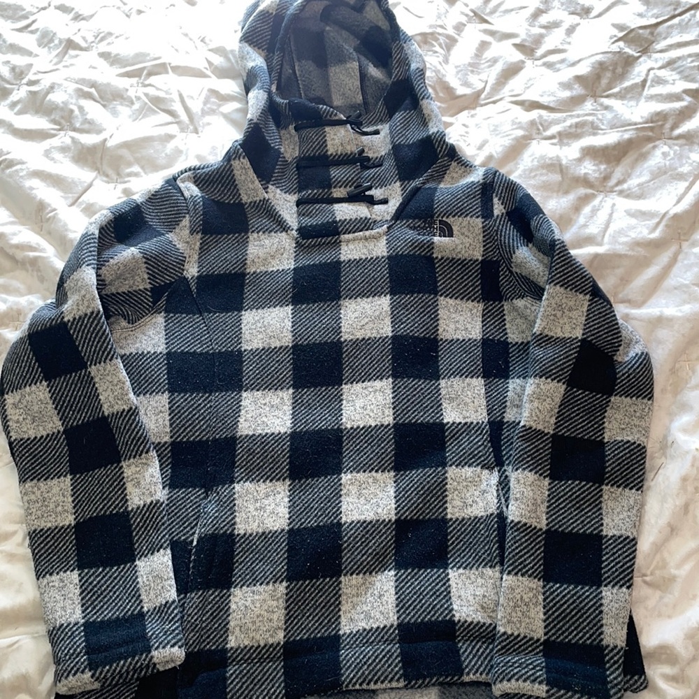 The North Face Crescent Hooded Fleece Pullover Black Grey Plaid
